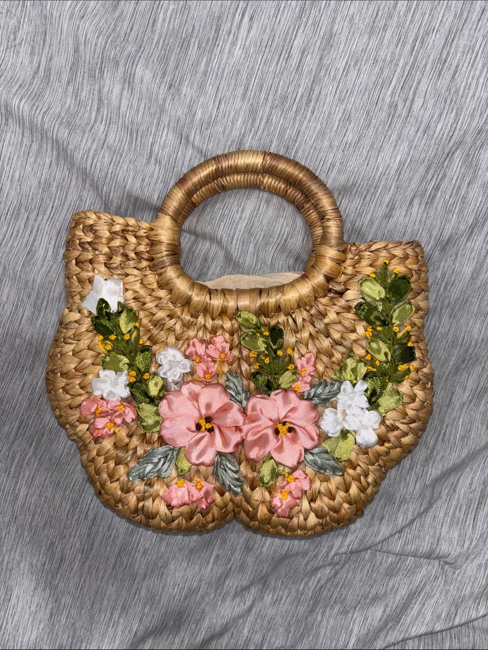 Embroidered Straw Floral Handbag - Pink Flower Accent